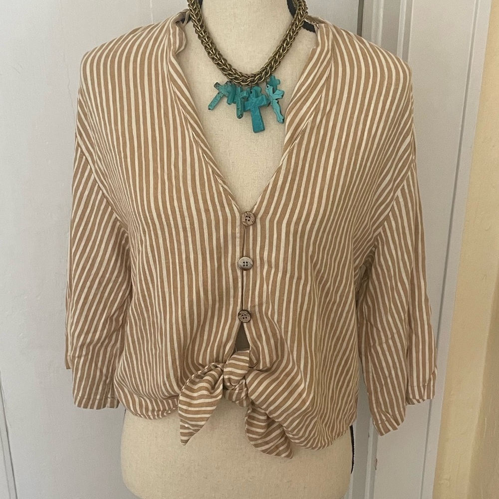 Zara Tan Stripe Tie Blouse‎ Boxy fit with Wood Buttons size Medium